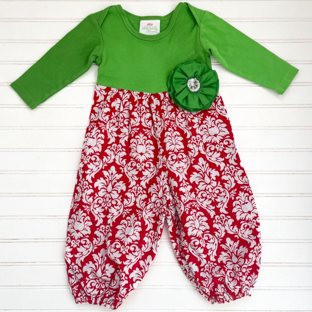 LOLLY WOLLY DOODLE EUC Whimsical Bedazzled Christmas Ruffle Jumpsuit